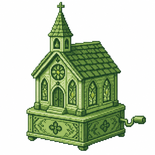 A miniature music-box church with carved shingles and stained-glass-style windows.white background 