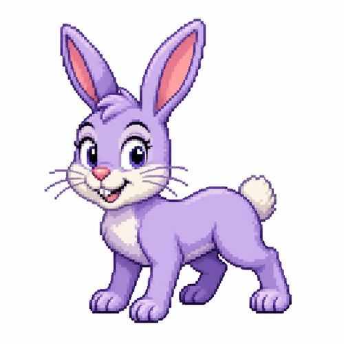 Lavender cartoon rabbit (quadruped), full body, white background