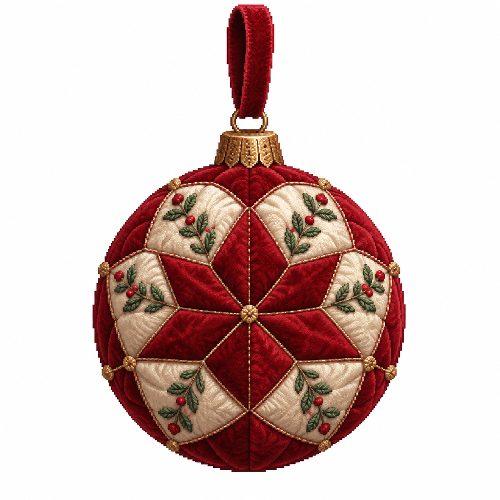 High contrast image on a white background. A realistic quilted fabric bauble with embroidered seams and a velvet hanging loop
