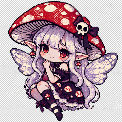 Spooky cute kawaii mushroom fairy. No background 