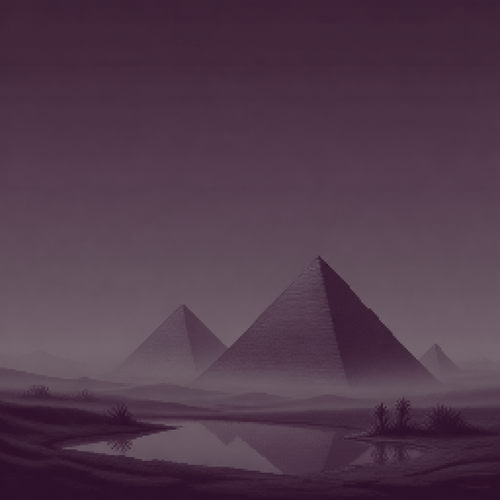 dark moody digital painting, pre-dawn haze over pyramid forms emerging from low ground fog,
strictly limited color palette (2-3 tones maximum): plum and ash grey only, no other hues,
no bright accents, still oasis pool at the base of the dunes, empty of people and animals,
open negative space above the horizon, no text