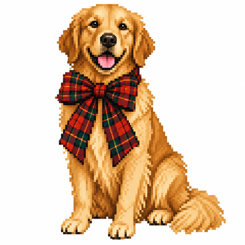 High contrast image on a white background have a golden retriever, sitting with a large tartan ribbon around his neck