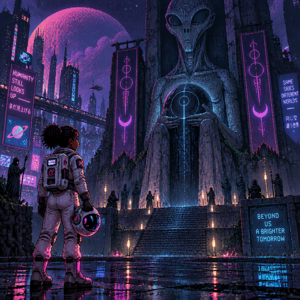 A young girl astronaut wth dark skin stands in front of a giant alien statue at night