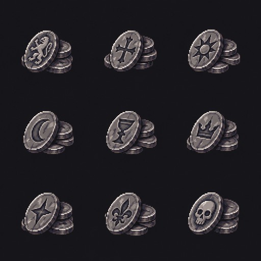 small stack of oval shaped silver coins with markings on it, 9 variants, each sprite is 32x32 inside a 48x48 canvas. Style: Painterly pixel art. Inspired by game: Stoneshard. Pixel size needs to be 1 px