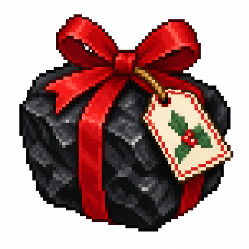 Close up of a chunk of coal wrapped for Christmas with a Christmas tag. White background