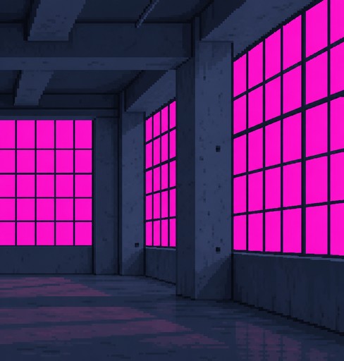 Pixel art corridor with bright pink grid windows and dark blue shadows