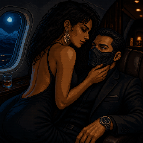 interior of a dark private jet cabin at night, close-up cinematic angle, tan-skinned Hispanic woman with curly dark hair leaning over a seated man, elegant backless black dress, large drop earrings, hand resting near his face, man wearing a sleek black tactical mask covering the lower half of his face with only his eyes visible, dark suit, wristwatch visible, reclining in his seat, cool blue moonlight coming through the jet window on the left, warm amber cabin lighting on skin tones, dramatic high-contrast noir lighting, moody luxury atmosphere, tight cropped composition emphasizing the two figures, 16-bit pixel art, dithered shading, limited color palette, hard pixel edges, retro game aesthetic, cinematic framing