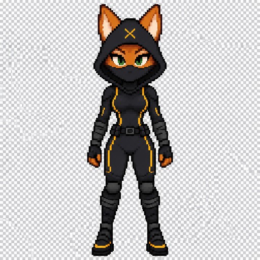 Create a single 2D pixel art character sprite for a top-down RPG game.

Character: Diane Foxington (from The Bad Guys) as the Crimson Paw.
Appearance: Anthropomorphic female fox with orange fur. She is wearing a black, tight-fitting hooded ninja stealth suit. The suit has thin yellow stripes on the sides and a small yellow "X" stitched in the middle of the hood. She wears black arm-wrap bracers, a black utility belt with a thin buckle, and over-the-knee black bandage-wrap boots with yellow accents above the soles. Her tail is completely hidden by the suit. Her face is partially covered by a black balaclava, but her green eyes are visible.

Pose: Standing straight, facing directly forward (towards the viewer). Neutral, ready stance. Arms relaxed at her sides. Full body visible from head to toe.

Technical Specifications:
- Canvas size: 64x64 pixels.
- Transparent background.
- Clean pixel art style, limited color palette, sharp pixel clusters.
- No anti-aliasing, no blurring, no painterly effects.
- Clear, readable silhouette.
- No text, no labels, no borders, no background elements, no shadows.