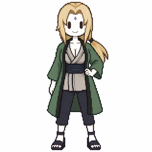 Jaiden animations but with the clothes and hair of the character tsunade senju , full body front perspective