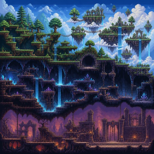 Tạo một bản đồ game 2D side-scrolling adventure combat dạng pixel art cao cấp, thiết kế như một level game thương mại.

Kích thước tổng thể khoảng 800×800, bản đồ rộng và có nhiều khu vực liên kết với nhau. Góc nhìn side-view ngang, nhân vật sẽ di chuyển chủ yếu từ trái sang phải.

Bố cục level:

1. Khu vực bắt đầu: một vùng đất xanh, rừng nhỏ, đường mòn và vài vách đá.
2. Khu rừng: nhiều cây, bụi cỏ, đá, nền đất nhiều tầng, có các platform để nhảy.
3. Khu vực ĐẢO BAY: một hoặc nhiều hòn đảo nổi trên bầu trời, có mây bao quanh, thác nước chảy xuống từ đảo, cầu hoặc platform nối giữa các đảo.
4. Lối xuống hang động: một hang lớn nằm trong vách núi.
5. HANG ĐỘNG: không gian tối, đá nhọn, tinh thể phát sáng, vực sâu, nhiều platform và đường đi bí mật.
6. Khu vực cuối: một vùng đất cổ đại với kiến trúc đổ nát, tạo cảm giác nguy hiểm và chuẩn bị cho boss.
7. Boss arena: một khu vực rộng, phẳng, dễ chiến đấu, có không gian cho boss di chuyển.

Thiết kế gameplay:

* Có đường đi chính rõ ràng từ trái sang phải.
* Có đường đi phụ và khu vực bí mật.
* Có platform ở nhiều độ cao.
* Có vực sâu và chướng ngại vật.
* Có các khu vực phù hợp để đặt quái.
* Các khu vực phải có landmark rõ ràng để người chơi không bị lạc.
* Chuyển cảnh giữa các biome tự nhiên, không bị ghép ngẫu nhiên.
* Bố cục phải có cảm giác được con người thiết kế, không phải map procedural ngẫu nhiên.

Phong cách:

* Pixel art game 2D chất lượng cao.
* Pixel rõ, sắc nét, không blur.
* Chi tiết môi trường phong phú.
* Màu sắc đẹp, có chiều sâu.
* Lighting và shadow đẹp.
* Silhouette rõ ràng.
* Phong cách fantasy adventure.
* Đồng nhất giữa tất cả khu vực.

Không tạo:

* chữ
* UI
* menu
* logo
* watermark
* nhân vật
* quái vật
* icon
* khung ảnh

Chỉ tập trung vào ENVIRONMENT và LEVEL MAP.
Hãy tạo hình ảnh sao cho có thể dùng làm concept để sau đó dựng thành map game thật.