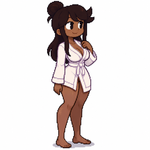 Jaiden animations but with the clothes and hair of the character bata baño ajustada, full body front perspective de lado 45 grados piel morena