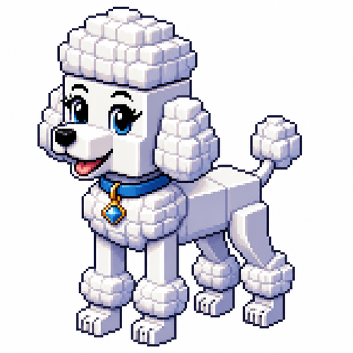 Cartoon cube poodle, full body, white background