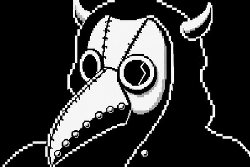Pixel art of a plague doctor mask with round goggles on a black background