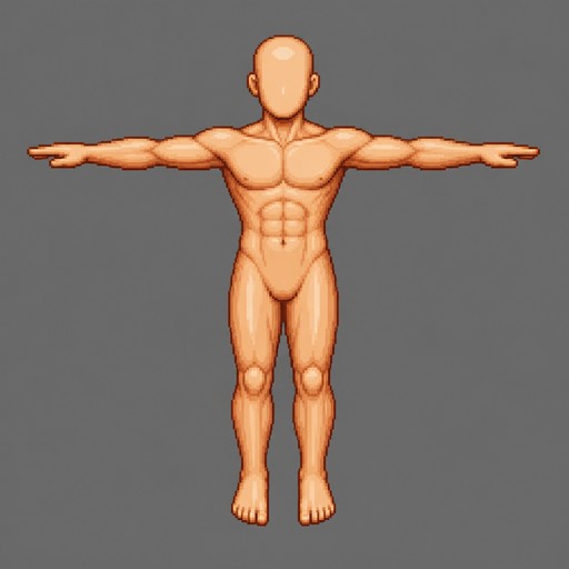 top-down retro game character mesh, completely smooth plastic mannequin model, no clothing, no hair, skin-tone solid texture, uniform blank body dummy asset, full frontal t-pose view, clean solid gray background