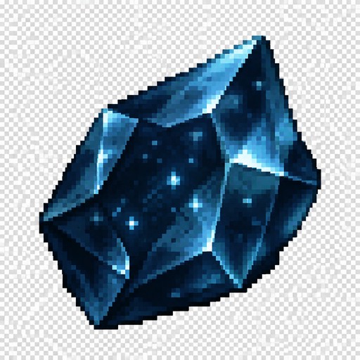 Minecraft custom resource-pack item icon, square 1:1, fully transparent background, no ground, no shadow plate, no text, no UI, no frame. Centered, filling ~75% of the canvas. 3/4 isometric view, slight top-down. A single irregular faceted ice-crystal ore chunk, about 6–8 large facets, slightly flattened rhomboid mass with one corner lifted. Frozen night-sky stardust grain sealed inside. Blue-black base: deep navy to near-black ice mineral, hex #0a1220 #0d1b2a #1b3a4a, cold blue facet highlights #3d7ea6, tiny cyan-white speculars. Matte-to-semi-gloss, dark, heavy, unrefined but clearly a valuable crystal. High-resolution game item render, clean readable silhouette at 32px. No gold, no warm colors, no rainbow, no powder, no planet, no halo.