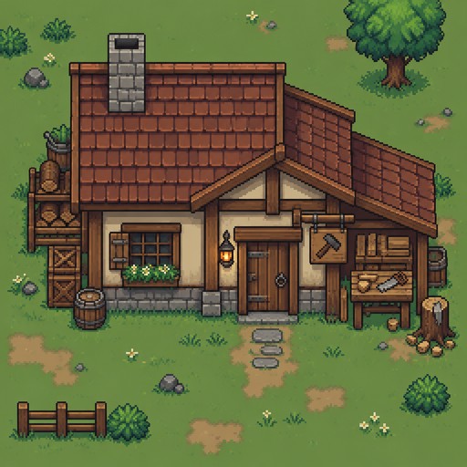 una casa de carpinteria posicion latera pixel art para juego 2d top dauw