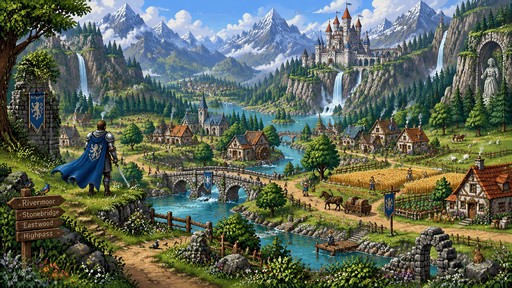 Create an extremely detailed, handcrafted pixel-art fantasy world, inspired by classic 32-bit JRPG environments. The scene should feel like a vast, peaceful and living medieval fantasy kingdom, viewed from a wide cinematic perspective.
The main landscape is a huge lush green valley surrounded by enormous majestic mountains, with some distant snow-covered peaks. A beautiful turquoise river winds naturally through the entire valley, fed by several waterfalls cascading down tall rocky cliffs. In the distance, build a magnificent medieval fantasy castle on an elevated mountainside, with elegant stone towers, red and blue rooftops, walls, bridges and waterfalls flowing beneath it. The castle should be impressive but integrated naturally into the landscape rather than dominating the entire image.
Make the valley feel alive and inhabited. Add a small peaceful farming village near the river with several cozy stone-and-wood cottages, tiny farms, wooden fences, wheat fields, vegetable gardens, hay bales and a watermill. Include small pixel-art farmers working in the fields, one farmer carrying a basket, another tending crops, a shepherd with a few sheep, cows grazing in the distance, chickens near a farmhouse, and a horse pulling a small wooden cart along a dirt road. Add a few villagers walking between houses and one fisherman beside the river. Keep all people relatively small so the enormous landscape remains the main focus.
In the foreground, place a lone silver-armored knight with a blue cape standing on a grassy overlook, looking across the valley toward the distant castle. Nearby, create a winding dirt path that descends toward the village and eventually crosses the river through a beautiful old stone bridge.
Fill the environment with tiny handcrafted details: wildflowers, patches of colorful flowers, moss-covered rocks, tall grass, pine and deciduous forests, little wooden signs, barrels, fences, stone ruins, birds flying above the valley, smoke gently rising from cott