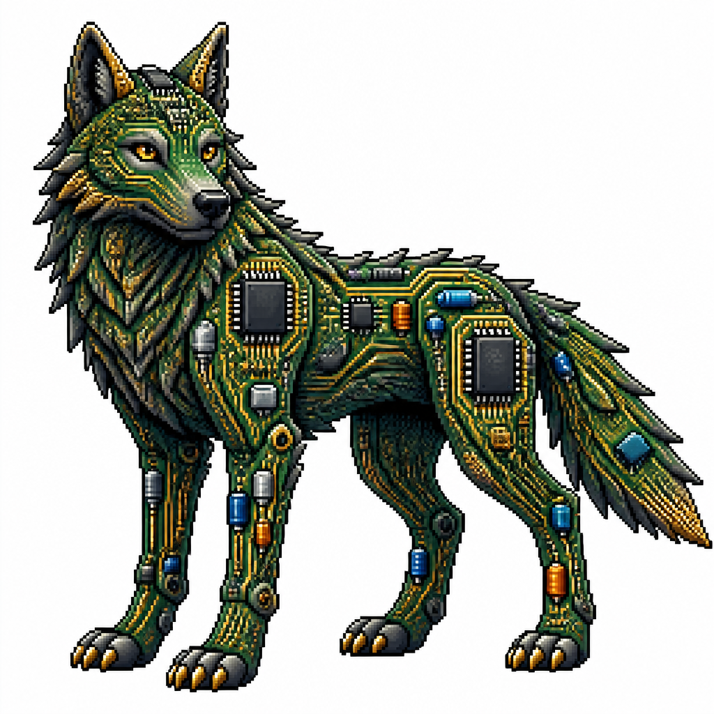 Cartoon circuit board wolf, full body, white background