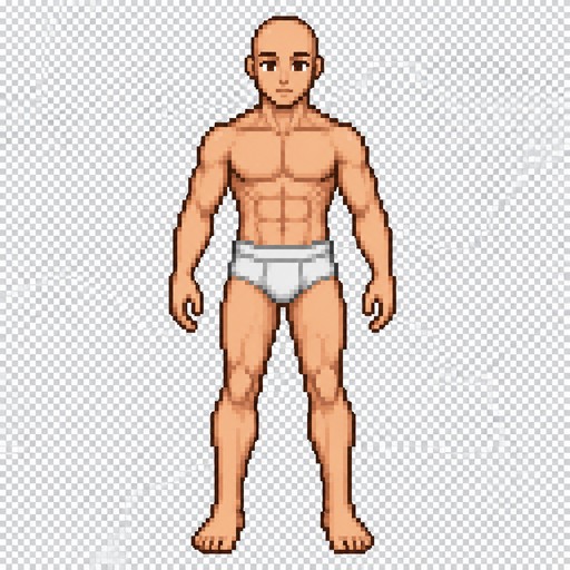 Base male character model with no hair, wearing only underwear. Pixel art sprite, 64×96 pixels, front view, transparent background. Clean silhouette, neutral standing pose (T-pose or idle pose), designed as a base template for adding clothing and equipment later. Limited color palette, crisp pixel edges, no anti-aliasing.