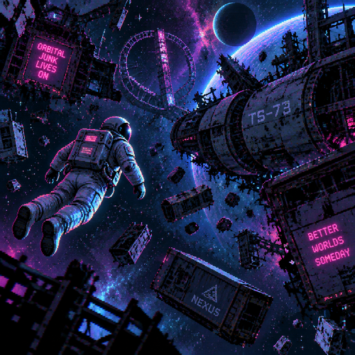 Astronaut floats in a spaceship junkyard in outer space