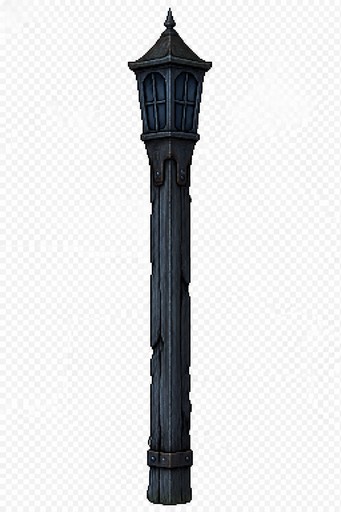 Create a single foreground 2D pixel art asset: an old weathered 
wooden yard lamppost, a tall vertical wooden post with an integrated 
lantern housing built into the top — old rusty metal frame around 
dark glass panels forming the lamp head, mounted directly onto the 
post as one continuous structure (not a separate hanging lantern). 
The post shows cracks, splinters, and aged dark wood texture down its 
length. The lantern glass is dark and unlit, no light or glow of any 
kind. Match the exact art style, color palette, and cold blue night 
shading of the attached reference image. Isolated object, full height 
from top to bottom of frame, centered, no board or notices attached. 
Fully transparent background (real alpha channel, not white, not 
checkered).