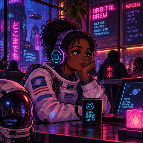 A young girl astronaut with dark skin and headphones sits in a cyberpunk cafe