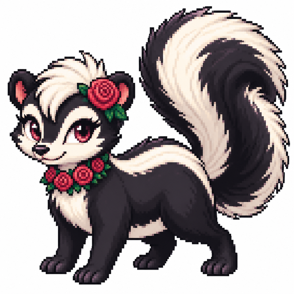 Cartoon rose skunk (quadruped), full body, white background