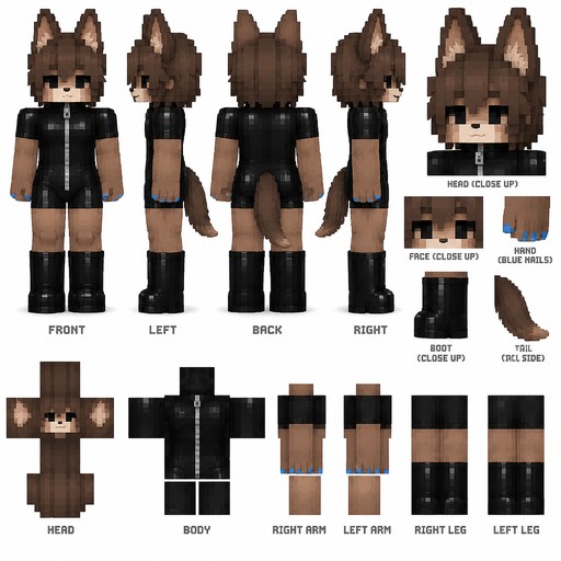 Pixel art character turnaround with front, side, back views, colors, and accessory details