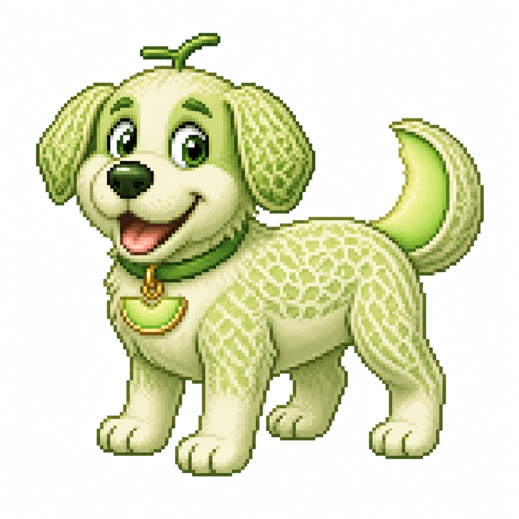 Cartoon honeydew dog, full body, white background
