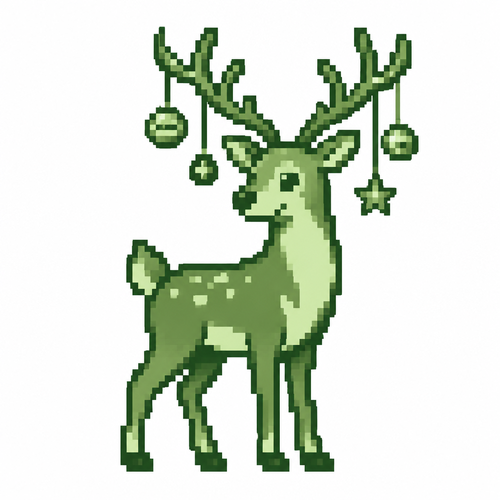 A reindeer with ornaments dangling from its antlers. White background 