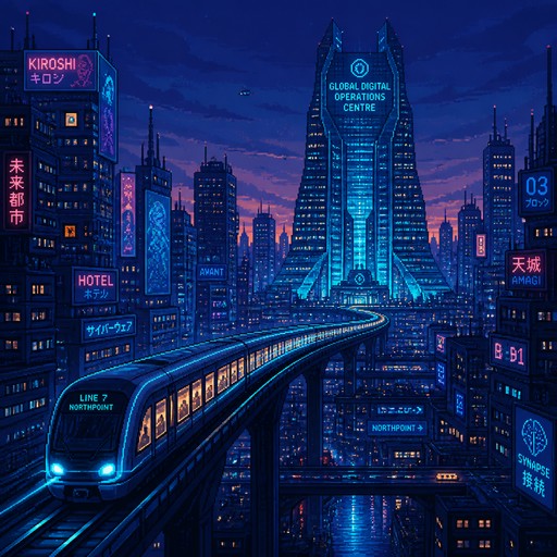 Pixel art futuristic city at night with an illuminated elevated train and skyscrapers