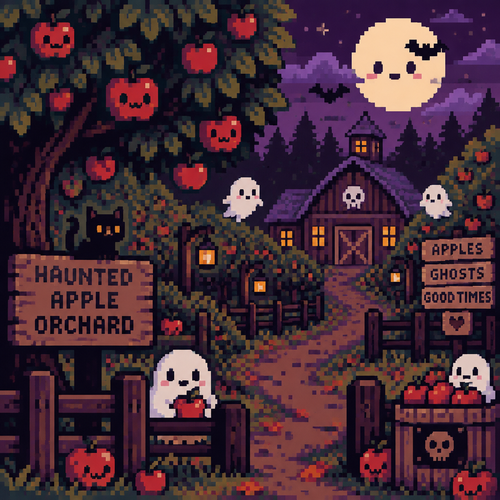 Spooky cute Kawaii haunted apple Orchard