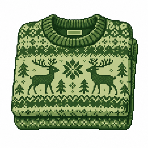 A folded Christmas sweater displaying an intricate reindeer knit pattern. White background 