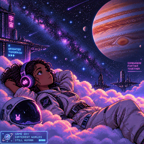 Seen from a mile away,a young teen girl astronaut with brown skin and headphones and helmet off lays down on fluffy clouds amat night. Many stars and Jupiter are in background 