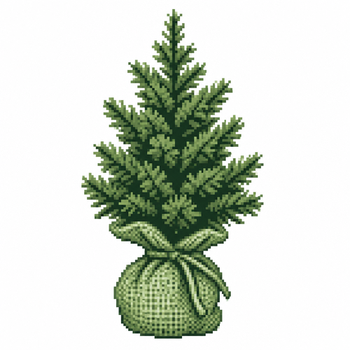 A miniature evergreen tree in a textured burlap-wrapped root ball. White background 