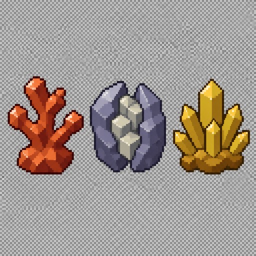 Pixel art sprite sheet of 3 cozy, charming game inventory icons in a row, each 32x32, on a transparent background, chunky cute proportions, angular faceted shapes with no circles, no round blobs and no oval forms, every item looks like a little treasure. Crisp 1px dark outline, flat color bands with no gradients, no dithering, no anti-aliasing, no sparkle stars, no dot patterns, light coming from the top-left, a bright edge along the top-left faces, darker lower-right faces, one glossy single-pixel shine on every shiny face. The three icons must have completely different silhouettes and structures, nothing shared. Icon 1, Copper Ore: a branching piece of native copper shaped like a small chunky twisted tree or coral, with thick angular branches reaching up and to the sides from a jagged copper base, each branch ending in a flat-cut tip; copper colors #2e0708 outline, #801b18 shadow, #ad3e23 mid, #e6783c light, #ffdab7 shine. Icon 2, Iron Ore: a tall, blocky, square-cornered rock cracked open down the middle like a geode, the two halves slightly apart showing a silver iron core of stacked cube-shaped facets inside; rock colors outline #2a2740, #403b5c #5a5677 #7b7798 #a09cba, highlight #d0cee0; iron colors #747a85 shadow, #979e99 mid, #cecbb6 light, #e4e0ca shine. Icon 3, Sulfur: a spiky upward cluster of 5 chunky pointed yellow sulfur crystals of different heights fanning out like a tiny crown, sitting on a flat jagged crumbly yellow-brown crust, no grey stone; sulfur colors #261606 outline, #693d13 crust, #915b1c shadow, #bf9128 mid, #d9c23a light, #ffd26e shine. Use only these exact hex colors.