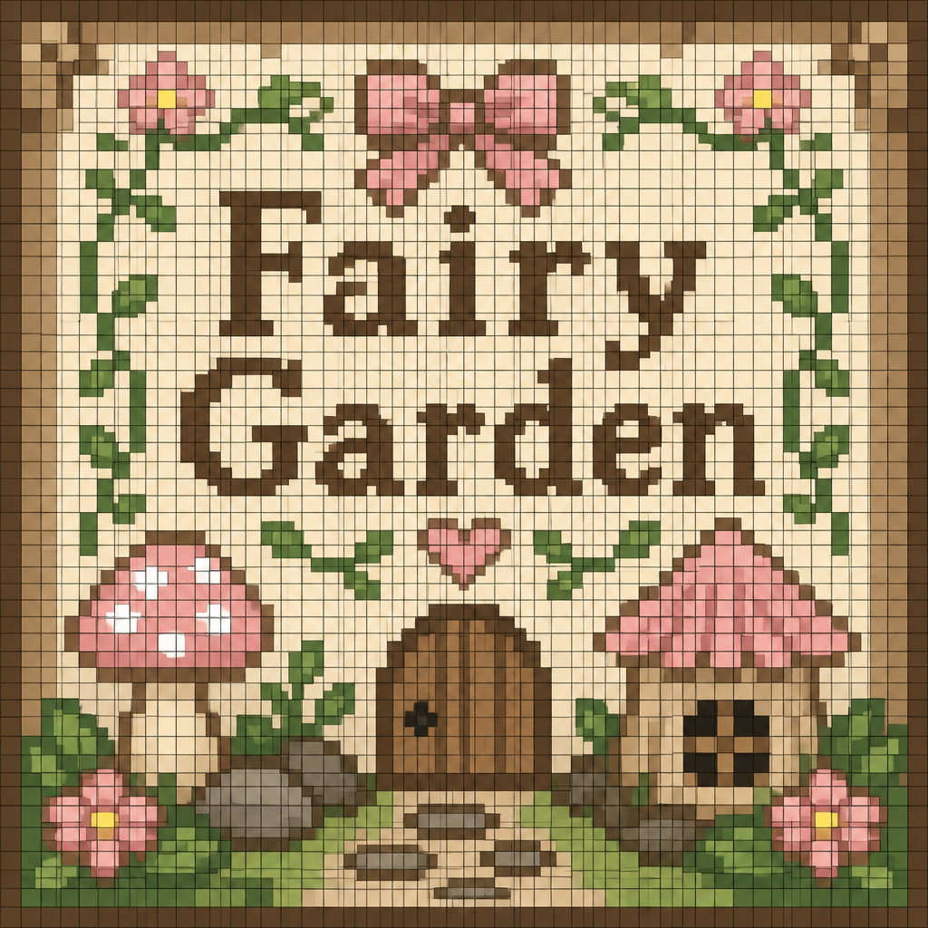 Create a 32×32 pixel art image for an Animal Crossing: New Horizons custom design. The canvas must contain exactly 32 columns × 32 rows of discrete square cells. Each cell must be a single, completely uniform solid color. NO gradients, shading, anti-aliasing, texture, dithering, highlights, transparency, or multiple colors within any individual cell. Every color change must occur only at the boundary between two cells. Make every pixel a perfect square of identical size. Add a thin grid line around every individual 1×1 pixel cell so all 32×32 cells are clearly visible. Only exactly one color in each individual grid cell is important. It should say Fairy Garden in beige, brown, pink, neutral colors. Use a limited color palette and hard edges only. Do not create details smaller than one pixel.