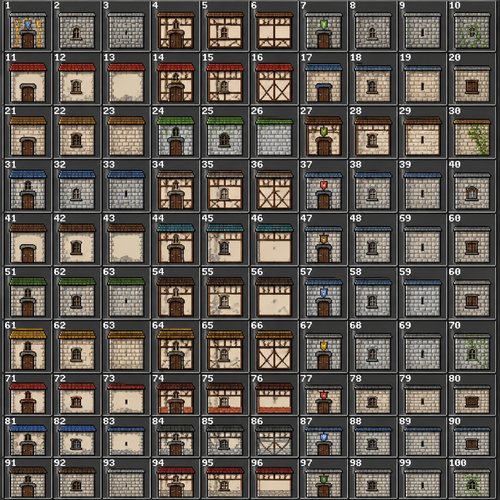 A 2d orthogonal pixel sheet sprite list of 100 city and town decorations spaced evenly in 32x32 pixel spaces taking up their own space not interlacing and clean and crisp edges without antialiasing. Let’s do all medieval walls for many houses and shops. All sides of a house front with door, sides with windows and backs