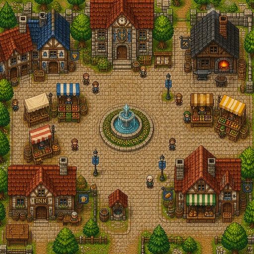 medieval townsquare, cobblestone path, fountain in the middle, cozy and warm summer, fruits market, vendors,blacksmith and townhall with towdown view rpg game vibe