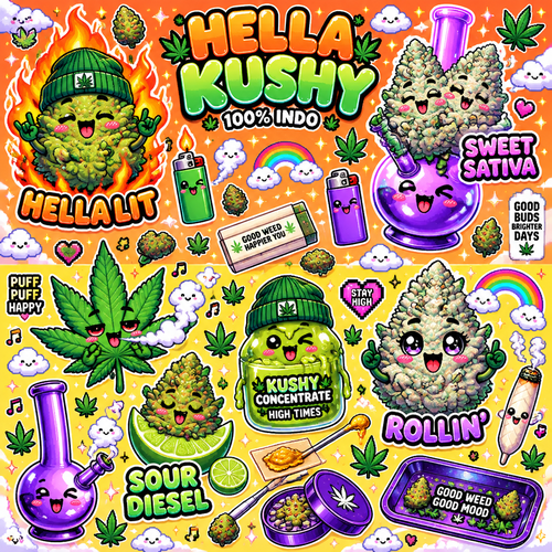 Kawaii Japanese style sticker sheet style illustration of anthropomorphic cannabis buds and weed accessories, vibrant kawaii aesthetic, neon purple-to-blue gradient background with fluffy white clouds, rainbows, sparkles, stars, music notes, and floating cannabis elements.

Top half (orange background):
- Bold bubbly logo text "HELLA KUSHY" in orange-to-green gradient with white outline, smaller white text "100% INDO" underneath
- Left: smiling green cannabis bud character wearing a green beanie, on fire with orange flames, labeled "HELLA LIT"
- Right: two frosty smiling cannabis buds sitting in a purple glass BONG, labeled "SWEET SATIVA"
- Floating cute green and purple lighters with faces, rolling papers, smoke clouds, cannabis leaves

Bottom half (YELLOW background):
- Large green cannabis leaf coughing out smoke.
- Smiling cannabis bud on a lime slice labeled "SOUR DIESEL"
- Green concentrate character wearing a beanie inside a green jar, winking, labeled "KUSHY CONCENTRATE" and "HIGH TIMES"
- Large smiling frosty cannabis bud character labeled "ROLLIN’"
- Purple bong with a face, joint with a face and smoke, grinding tray, more floating lighters, leaves, and rainbows

Overall style: thick clean outlines, glossy highlights, highly saturated colors, playful and cheerful kawaii weed theme, sticker pack layout, high detail, vibrant lighting --stylize 250 --v 6