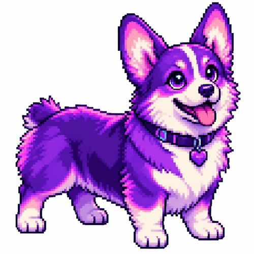 Neon purple cartoon corgi, full body, white background