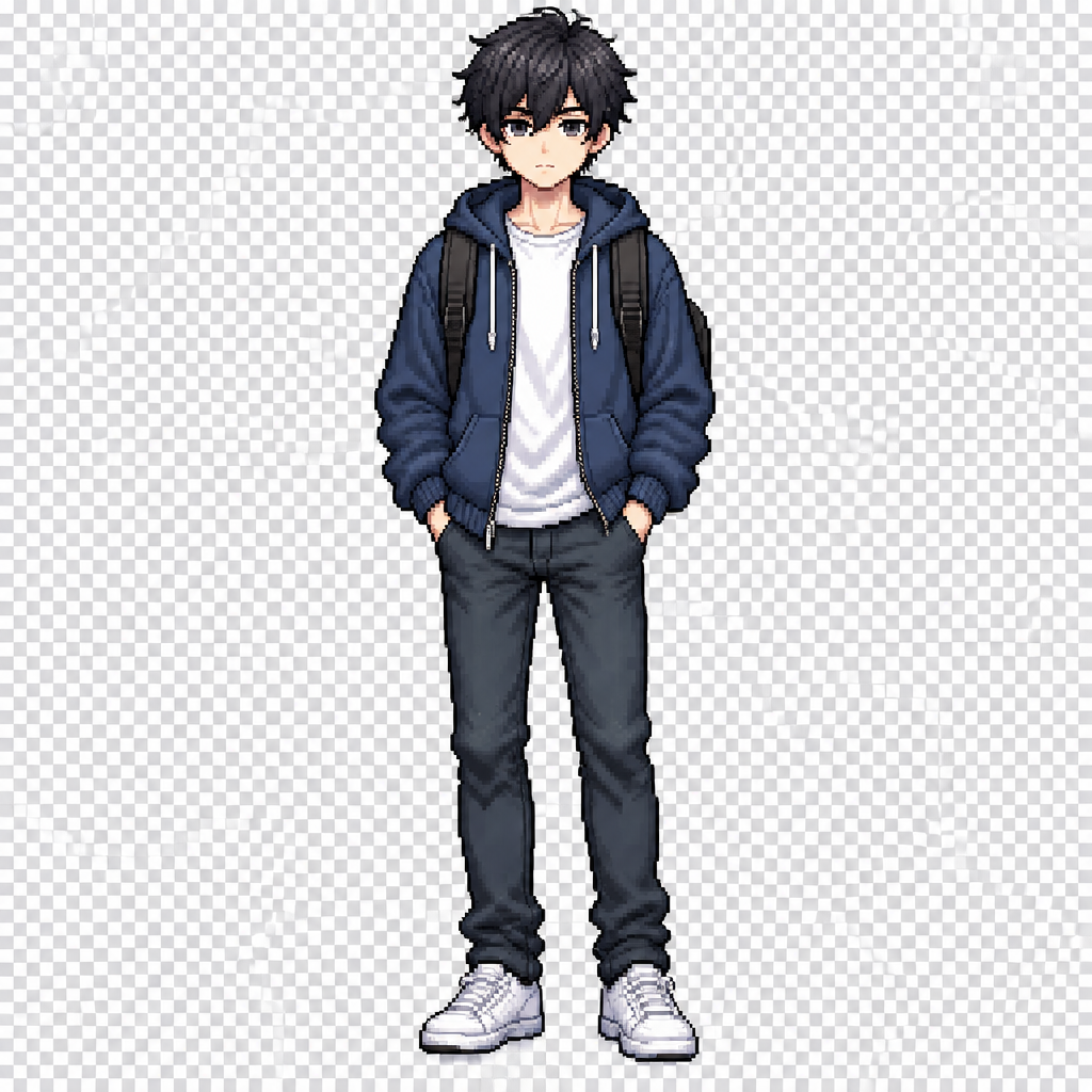 Full body 2D pixel art game character of a 17-year-old male high school student. Short slightly messy black hair, navy blue hoodie over a white t-shirt, dark jeans, white sneakers and a simple black backpack. Normal slim teenage proportions, calm slightly serious expression. Modern high school student, grounded realistic appearance, detailed 32-bit pixel art style, standing idle, front view, centered character, transparent background, game sprite, no text, no scenery.