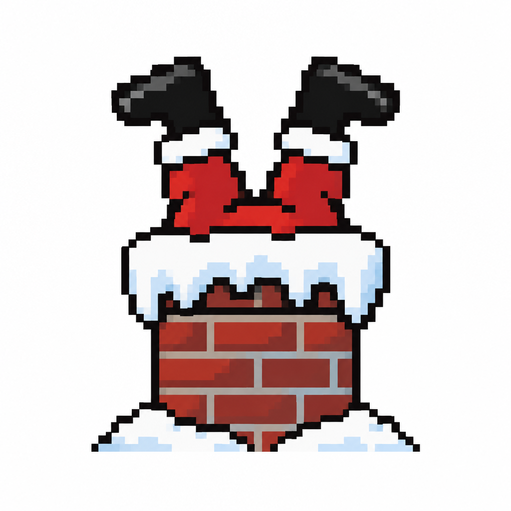 Snowy chimeney with Santa’s feet hanging outside. White background