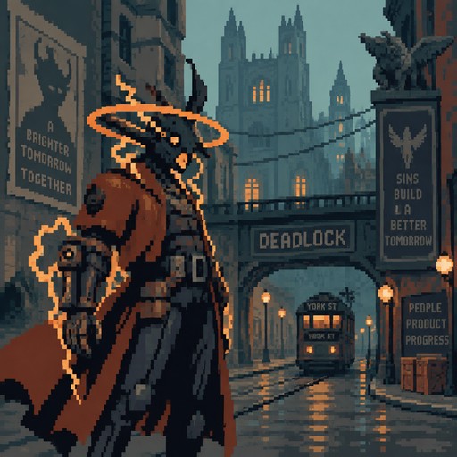 Seven, the exact original in-game character from Valve's Deadlock, faithfully recreated with his canonical appearance, clothing, body proportions and facial features. Do not redesign or reinterpret the character. Seven stands in the foreground of Deadlock's iconic New York-inspired city. The background features the original game's architecture, gothic buildings, streets, atmospheric urban environment and recognizable environmental details. Use Deadlock's authentic original color palette: muted teal, dusty turquoise, warm orange, rusty brown, dark navy and desaturated grey. Match the original game's distinctive stylized 3D art direction, painterly textures, lighting and atmosphere. Faithful to Deadlock's actual visual style, official game concept art quality, cinematic wide composition, 16:9. No cowboy hat, no pixel art, no anime style, no additional accessories, no character redesign.