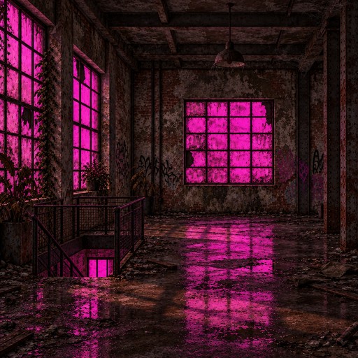 Pixel art of a dark, ruined room with glowing magenta windows and reflections.