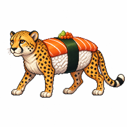 Cartoon sushi cheetah (quadruped), full body, white background