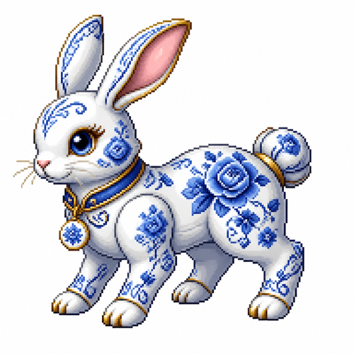 Cartoon porcelain rabbit (quadruped), full body, white background