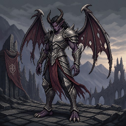 Demon with broken wings in silver armor. Unarmed. Claws. Fighter style.