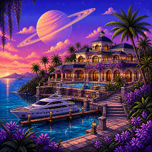 Tropical luxury villa in paradise with a yacht park in the front and the planet saturn visibly on the picture make the flowers around purple take the symbol sign out 