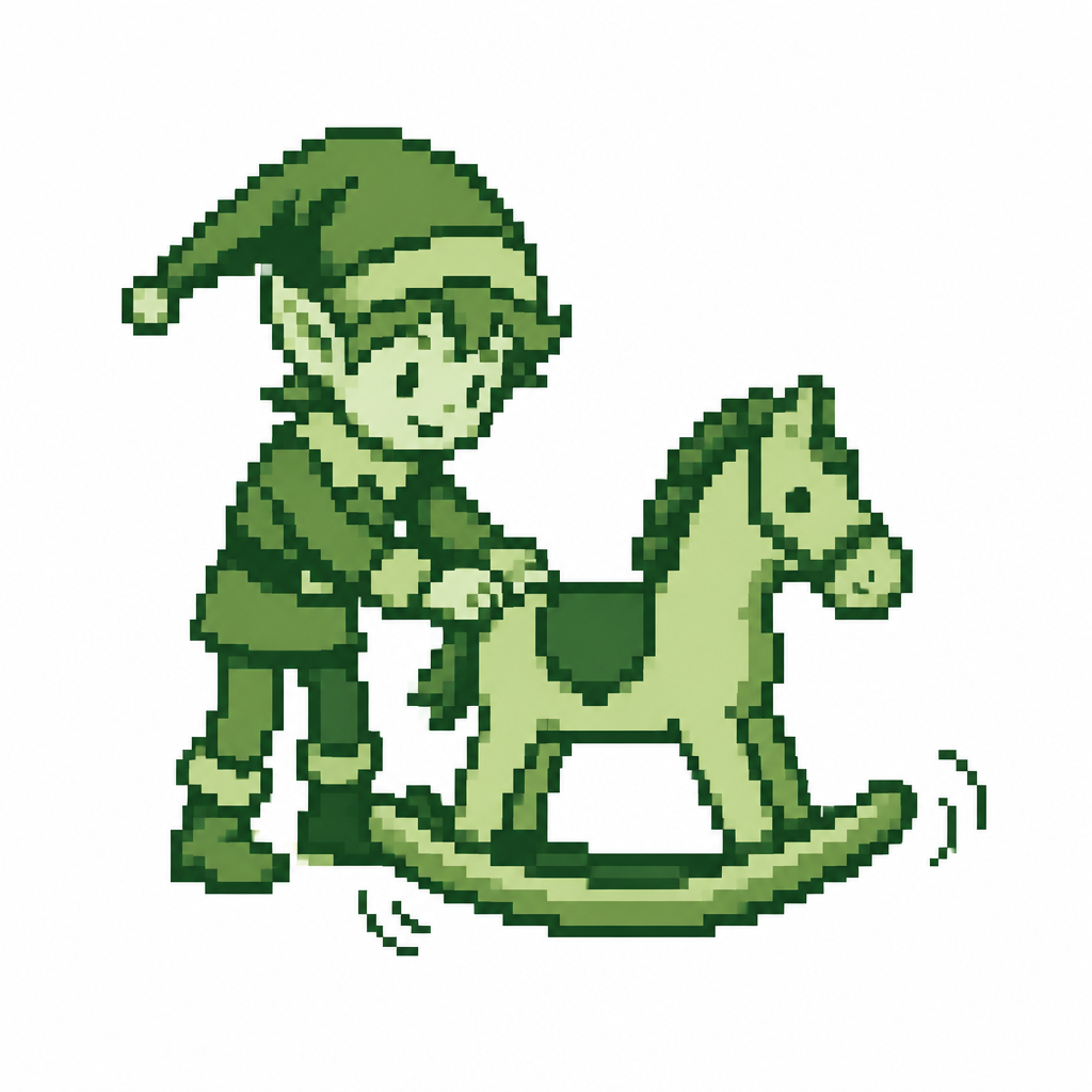 An elf testing a rocking horse white background